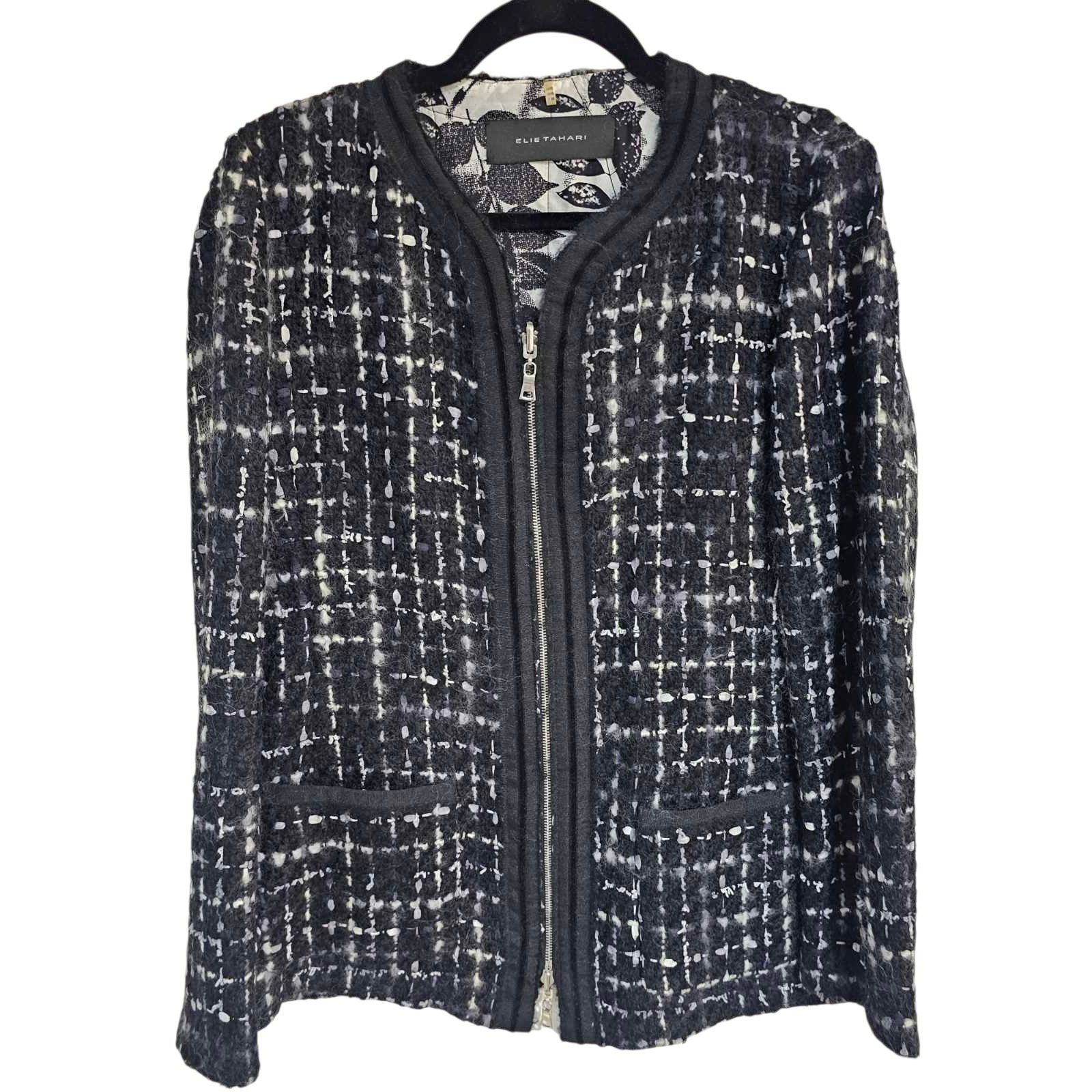 Elie Tahari Womens 12 Zip Front Jacket Silk Virgin Wool Black White Fuzzy Blazer